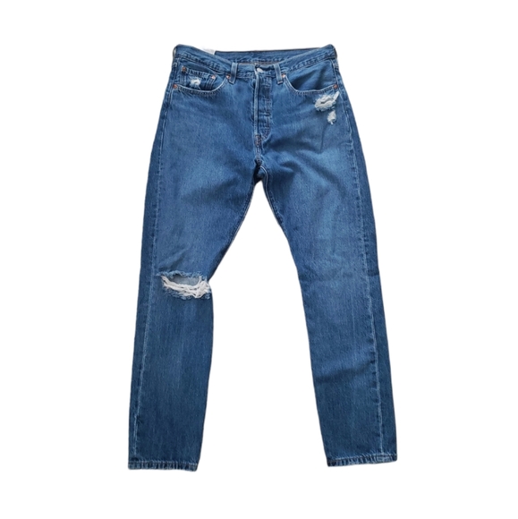 Levi's 501 Skinny Premium Jeans Big "E" Denim Blue Wash Distressed Size 30 hi Ri - Picture 6 of 16